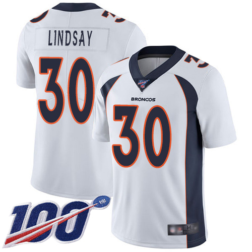 Men Denver Broncos #30 Phillip Lindsay White Vapor Untouchable Limited Player 100th Season Football NFL Jersey